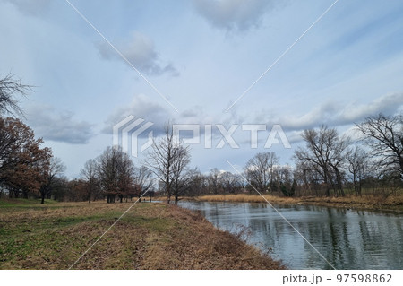 View of the river from the trees in early spring on a cloudy day. 97598862