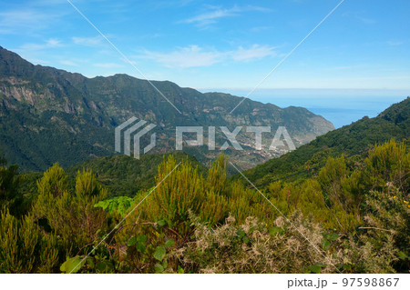 Beautiful mountain valley overlooking the ocean on a sunny day. 97598867