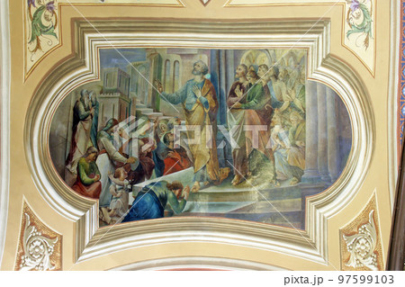 Scenes from the life of Saint Peter, fresco in the church of the Saint Peter in Ivanic Grad, Croatia 97599103