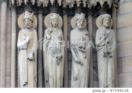 St. Anne, a king, the Queen of Sheba, King Solomon and St. Peter, Notre-Dame cathedral, portal of St. Anne, Paris St. Anne, a king, the Queen of Sheba, King Solomon and St. Peter, Notre-Dame cathedral, portal of St. Anne, Paris 97599116