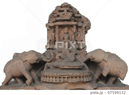 Jina attended by elephants, from 11th century found in Madhya Pradesh now exposed in the Indian Museum in Kolkata 97599132