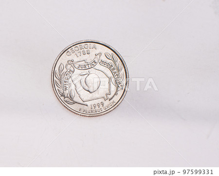 Coins of USA. Commonwealth statue in Harrisburg, Pennsylvania, depicted on the US Pennsylvania quarter (1999). Coins of USA. Commonwealth statue in Harrisburg, Pennsylvania, depicted on the US Pennsylvania quarter (1999). 97599331