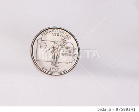 Coins of USA. Commonwealth statue in Harrisburg, Pennsylvania, depicted on the US Pennsylvania quarter (1999). 97599341