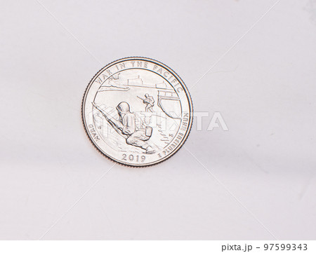 US Dollar coins President series $1 golden colored. The United States Mint honors our nation's presidents. Overhead flat lay US Dollar coins President series $1 golden colored. The United States Mint honors our nation's presidents. Overhead flat lay 97599343