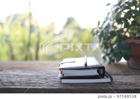 Notebooks and pencil and plant pot on woodenn table outdoor balcony working 97599538