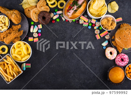 Assortment of various unhealthy junk food. Assortment of various unhealthy junk food. 97599992