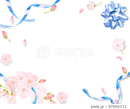 薄いピンク色のかわいい桜と水色のリボン飾りー白バックフレーム背景素材 97600151
