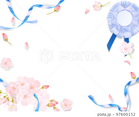 薄いピンク色のかわいい桜と水色のリボン飾り折り紙のメダルー白バックフレーム背景素材 薄いピンク色のかわいい桜と水色のリボン飾り折り紙のメダルー白バックフレーム背景素材 97600152