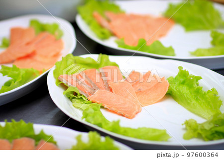 cold snacks on the table in the restaurant 97600364