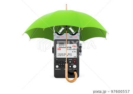 Digital voice recorder under umbrella, 3D rendering Digital voice recorder under umbrella, 3D rendering 97600557