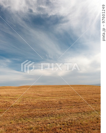 Beautiful sky with cirrus clouds over farmlands. Agricultural field. Beautiful sky with cirrus clouds over farmlands. Agricultural field. 97601249