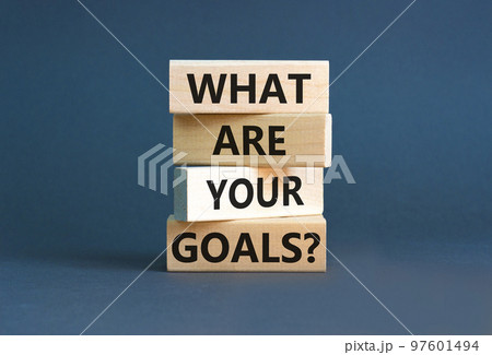 What are your goals symbol. Concept words What are your goals on wooden blocks. Beautiful grey table grey background. Business, psychological what are your goals concept. Copy space. 97601494