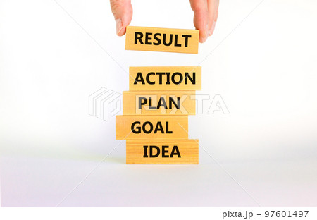 Business concept growth success process. Blocks stacking as step stair on white background, copy space. Words idea, goal, plan, action, result. Conceptual image of idea, innovation and ambition. 97601497