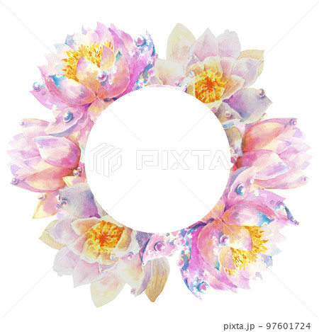watercolor wreath of water lily flowers with empty space for your text. Greeting card with watercolor wild flowers on a white background. watercolor wreath of water lily flowers with empty space for your text. Greeting card with watercolor wild flowers on a white background. 97601724