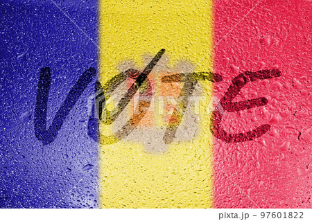 Elections in Andorra. Voice - an inscription on the background of the flag of Andorra. The will of the people of Andor. Free elections in Andor. 97601822