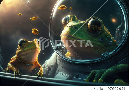green frogs in space illustration generative ai 97602091