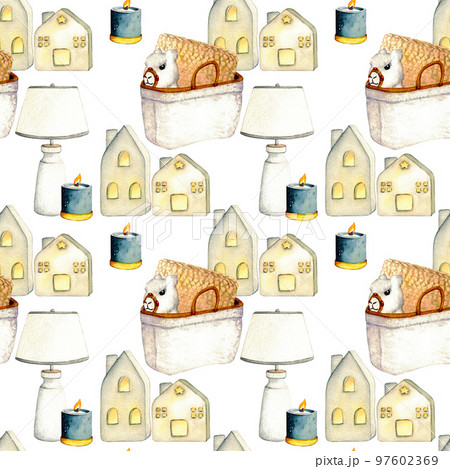 Pattern. Wicker basket, electric lamp, toy lama. Watercolor illustration interior of living room. Clipart. Home decor elements on a white background. Interior Children's room. Pattern. Wicker basket, electric lamp, toy lama. Watercolor illustration interior of living room. Clipart. Home decor elements on a white background. Interior Children's room. 97602369