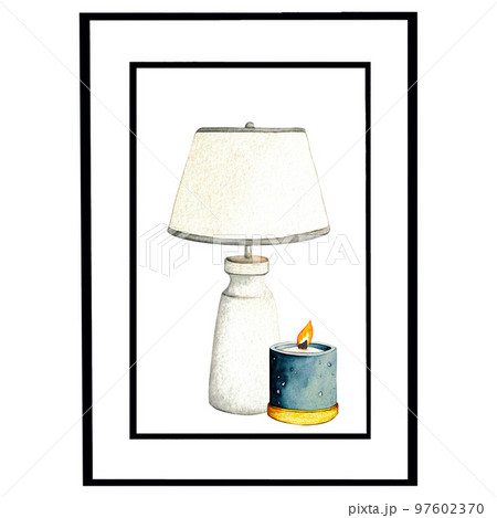 Interior painting. Wax candle and electric lamp. Watercolor illustration interior of living room. Clipart. Home decor elements on a white background. 97602370