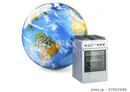 Gas range with Earth Globe, 3D rendering 97602696