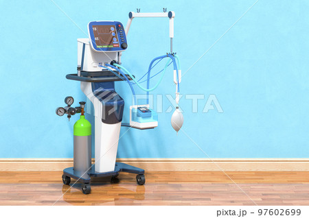 Medical ventilator in room near wall, 3D rendering 97602699