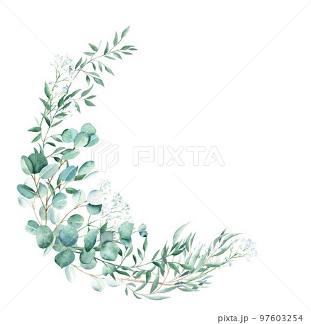 Watercolor greenery wreath, eucalyptus, gypsophila and pistachio branches. Rustic foliage. Hand drawn botanical illustration isolated on white background. Ideal for stationery, invitations, save the 97603254