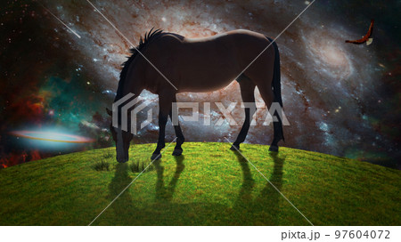 Horse in surreal landscape 97604072