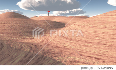 Man stands in rocky desert 97604095