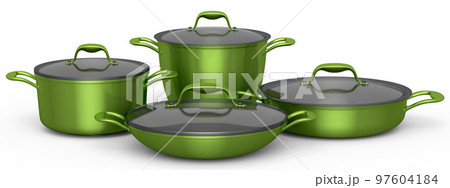 Set of stewpot, frying pan and chrome plated cookware on white background Set of stewpot, frying pan and chrome plated cookware on white background 97604184