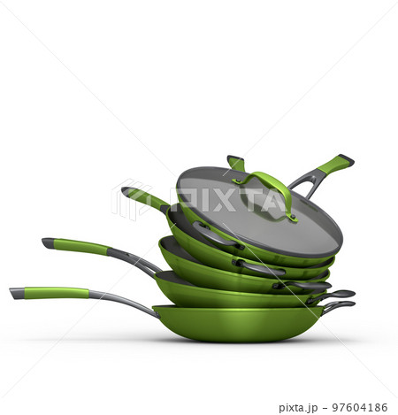 Stack of frying pan with glass lid on white, non-stick kitchen utensils 97604186