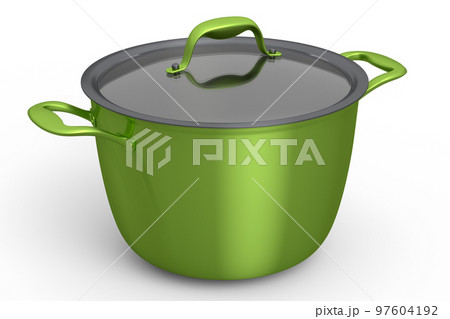 Stainless steel stewpot and chrome plated aluminum cookware on white background 97604192