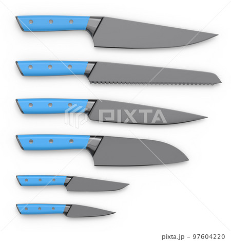 Set of chef's kitchen knives with a wooden handle isolated on white background. 97604220