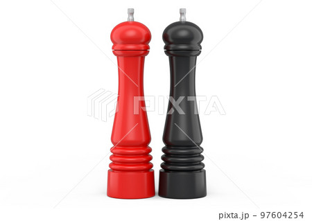 Set of salt or pepper wooden mill filled with peppercorns on white background. Set of salt or pepper wooden mill filled with peppercorns on white background. 97604254