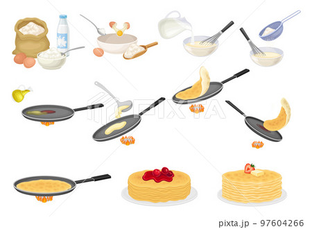 Pancake Cooking Process with Mixing Ingredient in Bowl and Frying on Pan Big Vector Set Pancake Cooking Process with Mixing Ingredient in Bowl and Frying on Pan Big Vector Set 97604266