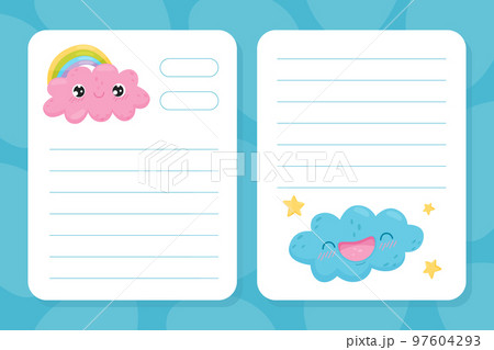 Empty Notepad Page with Cute Cloud and Rainbow Vector Template 97604293