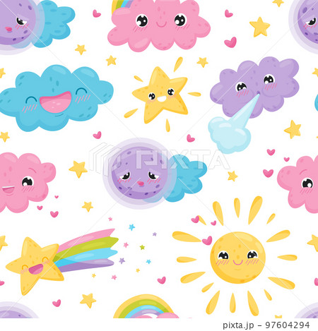 Cute Weather with Sun, Cloud and Star Seamless Pattern Vector Template 97604294