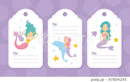 Mermaid Tags with Cute Swimming Girl with Fish Tails Vector Template 97604295