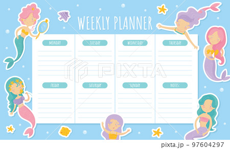 Mermaid Weekly Planner with Cute Swimming Girl with Fish Tails Vector Template Mermaid Weekly Planner with Cute Swimming Girl with Fish Tails Vector Template 97604297
