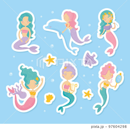 Mermaid Stickers with Cute Swimming Girl with Fish Tails Vector Set 97604298