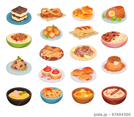 Cuban Food Served on Plate for Restaurant Menu Big Vector Set 97604300