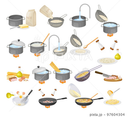 Cooking Rice and Pasta Carbonara Steps Big Vector Set 97604304