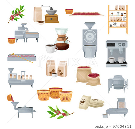 Coffee Production with Harvest and Industrial Process Big Vector Set Coffee Production with Harvest and Industrial Process Big Vector Set 97604311