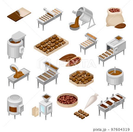 Chocolate Production Process with Conveyer Belt with Sweets Big Vector Set 97604319
