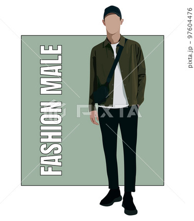 Stylish man in flat style vector illustration. A guy in fashionable clothes on an interesting background with the inscription fashionable man. 97604476