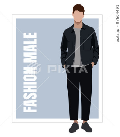 Stylish man in flat style vector illustration. A guy in fashionable clothes on an interesting background with the inscription fashionable man. 97604491