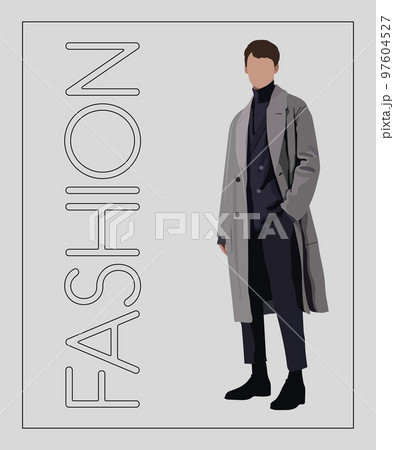 Stylish man. Stylish guy on an interesting gray background with the inscription fashion. Cartoon male characters. Men in fashion clothes. Flat style vector illustration. 97604527