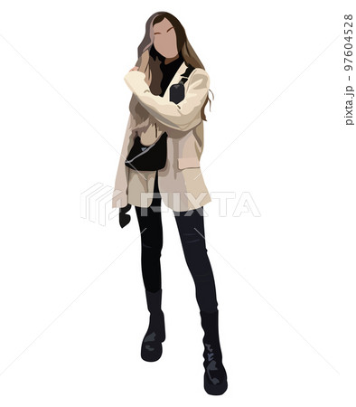 Fashion model posing. Beautiful young woman in coat. Fashion woman with bag. Hand drawn girl in sunglasses. Sketch. Vector illustration. 97604528