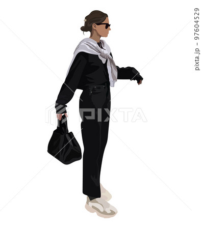 Fashion model posing. Beautiful young woman in coat. Fashion woman with bag. Hand drawn girl in sunglasses. Sketch. Vector illustration. 97604529
