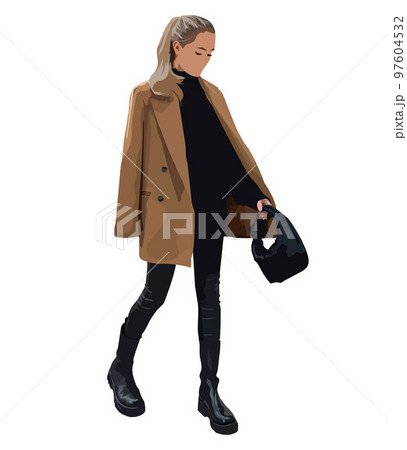 Vector fashion flat illustration of a beautiful, young, woman Fashion model posing, isolated on white background. 97604532