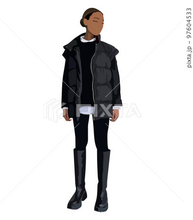 Fashion model posing. Beautiful young woman in coat. Fashion woman with bag. Hand drawn girl in sunglasses. Sketch. Vector illustration. 97604533