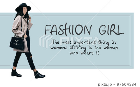 Hand drawn beautiful young woman with bag. Stylish elegant girl walking. Fashion woman in sunglasses. Banner. 97604534